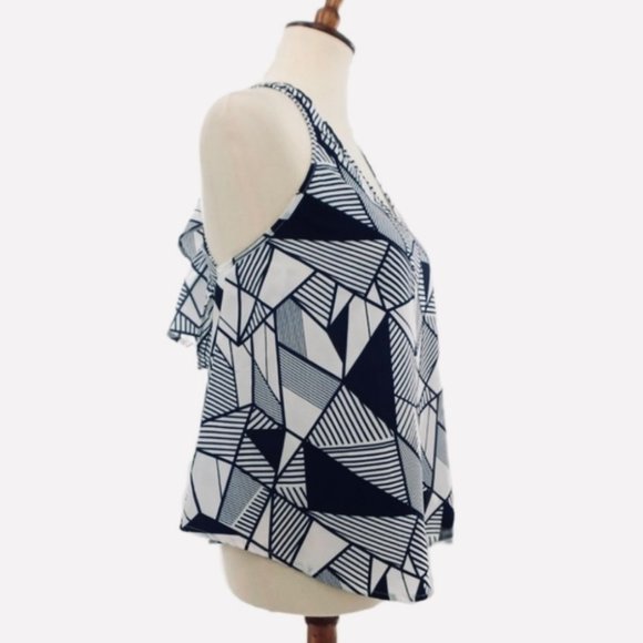 YA Los Angeles Blue White Tank Top Ruffled Sheer Blouse Open Back Sleeveless - Picture 3 of 13